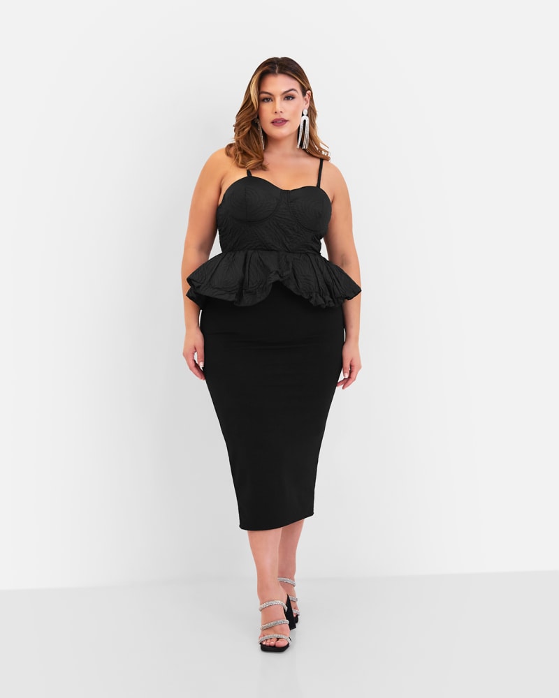 Front of a model wearing a size 1X Posh Corset Peplum Midi Bodycon Dress in Black by Rebdolls. | dia_product_style_image_id:324374